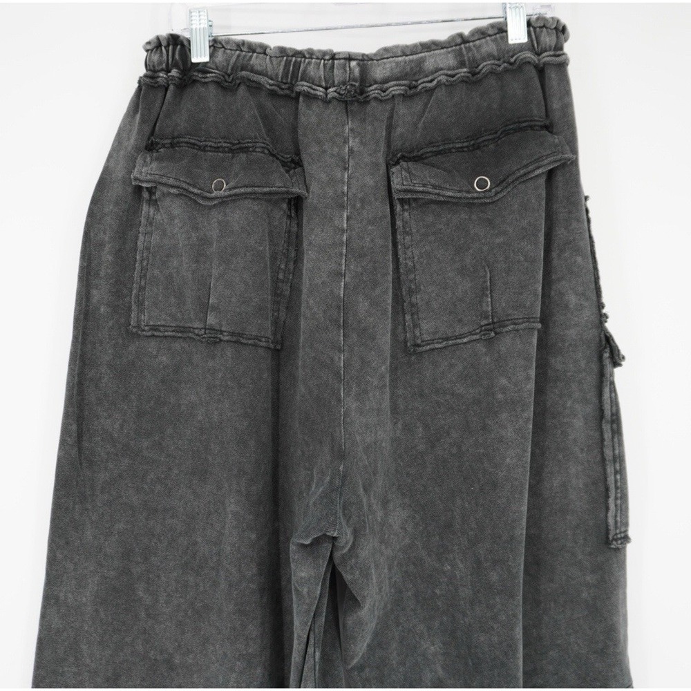 Easel Womens Utility Mineral Washed Wide Leg Terry Knit Cargo Pant Black Large - Picture 14 of 15